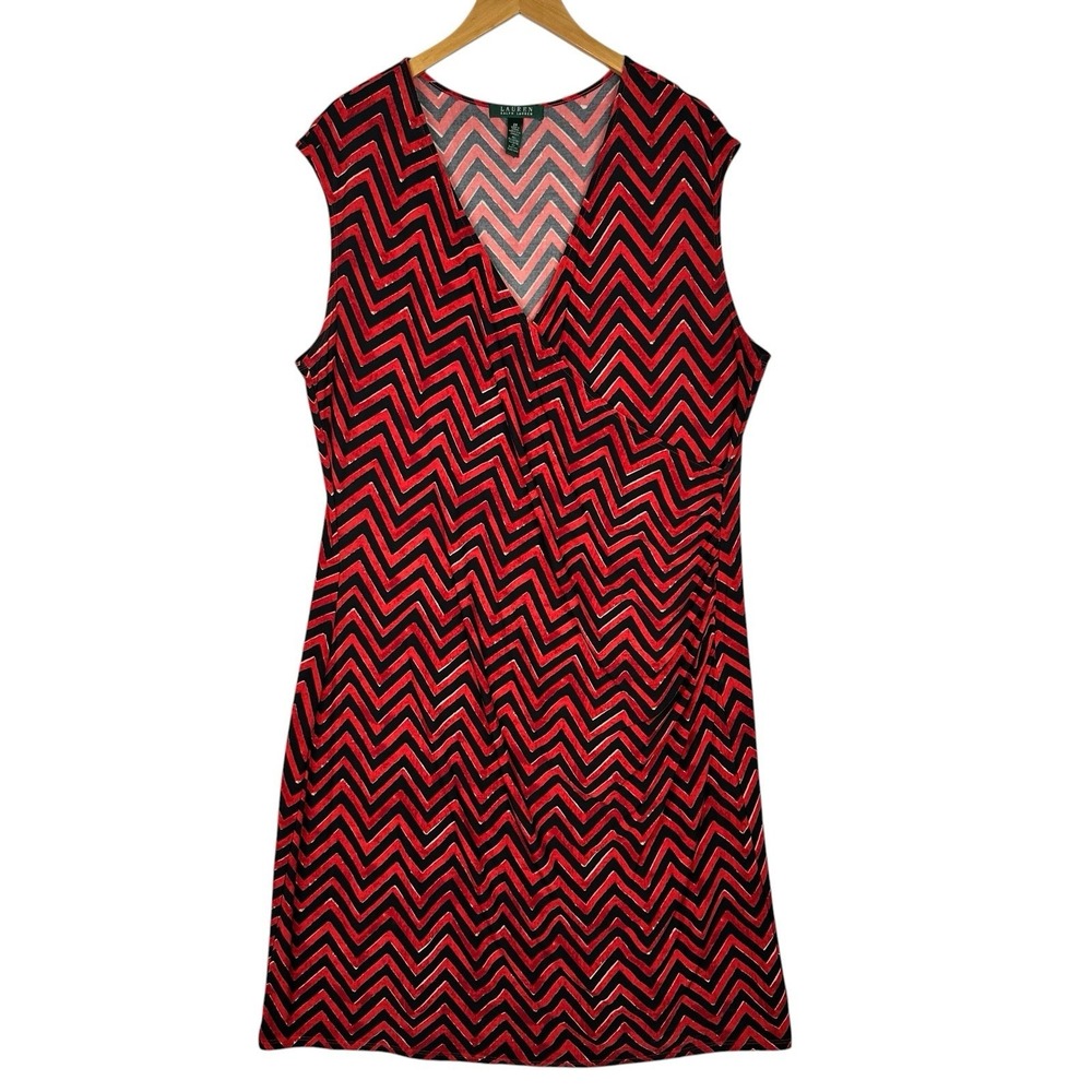 Lauren Ralph Lauren 2X Chevron Faux Wrap Dress Red Black Sleeveless Plus Size
